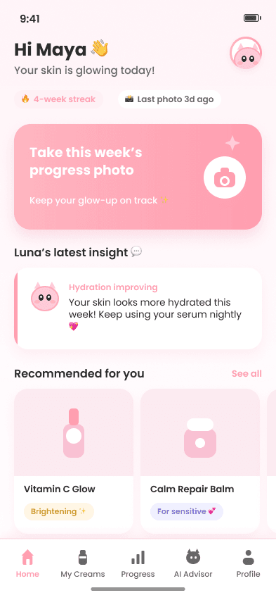 LunaGlow home screen showing streaks, progress photo prompt, and Luna's insight